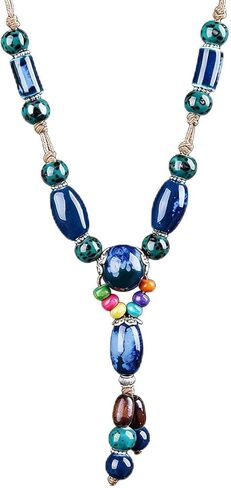 Boho Colorful Ceramic Beads Strand Necklace Adjustable Bohemian Vintage Jewelry Gift for Women, Fashion Charm Clothing Matching Necklace in Saudi Arabia