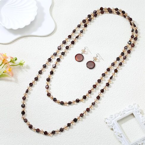 Trendy Infinity Wrap 60’’ Long Statement Necklace and Earrings Set - Hand Knotted Versatile Crystal and Shell Beads Strand Necklace - Beaded Boho Chic Strand Jewelry Set Gift for Women in Saudi Arabia