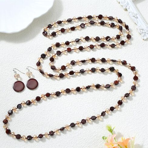 Trendy Infinity Wrap 60’’ Long Statement Necklace and Earrings Set - Hand Knotted Versatile Crystal and Shell Beads Strand Necklace - Beaded Boho Chic Strand Jewelry Set Gift for Women in Saudi Arabia