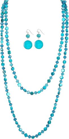 Trendy Infinity Wrap 60’’ Long Statement Necklace and Earrings Set - Hand Knotted Versatile Crystal and Shell Beads Strand Necklace - Beaded Boho Chic Strand Jewelry Set Gift for Women in Saudi Arabia
