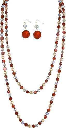 Trendy Infinity Wrap 60’’ Long Statement Necklace and Earrings Set - Hand Knotted Versatile Crystal and Shell Beads Strand Necklace - Beaded Boho Chic Strand Jewelry Set Gift for Women in Saudi Arabia