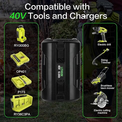 قطعتان من بطارية ليثيوم 6000 مللي أمبير في الساعة 40 فولت بديلة لـ Ryobi OP4050A/OP4026A/OP4040/OP4030، متوافقة مع أدوات الطاقة Ryobi 40V (سعة عالية 6.0 أمبير، أخضر) in Kuwait