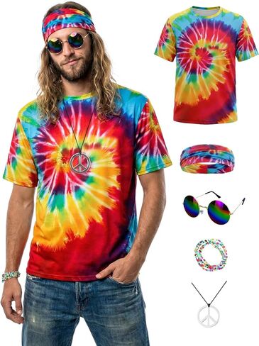 70s ملابس للرجال 7 قطعة زي الهبي للرجال التعادل صبغ تي شيرت هامش سترة السلام قلادة شعر مستعار النظارات الشمسية عقال in Kuwait