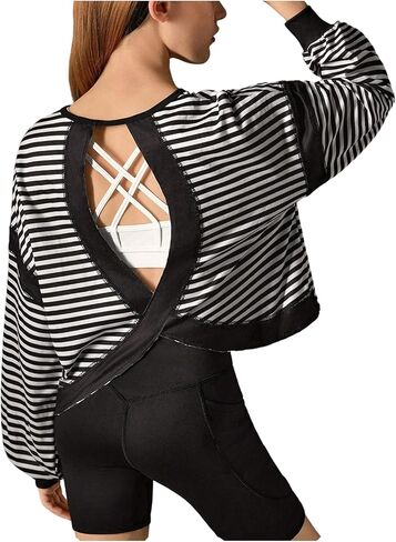 WDIRARA Girl's Striped Open Back Workout Tops Long Sleeve Loose Tee Running Sports T Shirts in Saudi Arabia