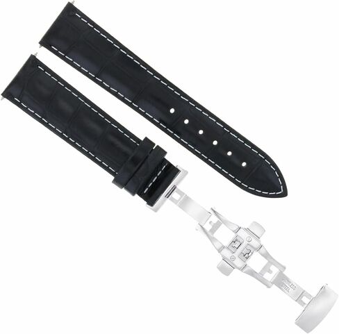 Ewatchparts 20mm Leather Watch Band Strap Compatible With Longines Heritage Deployment Buckle Black With White Stitching in Saudi Arabia