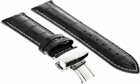 Ewatchparts 20mm Leather Watch Band Strap Compatible With Longines Heritage Deployment Buckle Black With White Stitching in Saudi Arabia