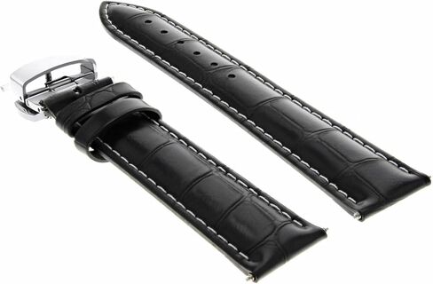 Ewatchparts 20mm Leather Watch Band Strap Compatible With Longines Heritage Deployment Buckle Black With White Stitching in Saudi Arabia