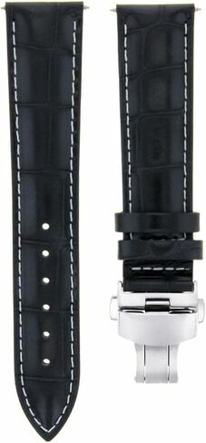 Ewatchparts 20mm Leather Watch Band Strap Compatible With Longines Heritage Deployment Buckle Black With White Stitching in Saudi Arabia