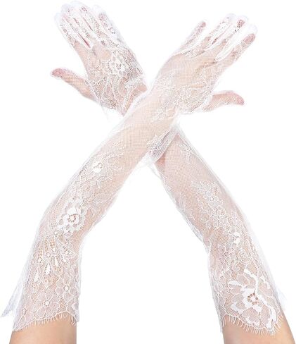 Grevosea Women's Long Lace Floral Gloves, Bridal Wedding Gloves Sheer Mesh Tulle Elbow Length Opera Party Costume Glove Elegant Satin Stretchy Glove for Wedding Tea Party Cosplay Formal Event in Saudi Arabia