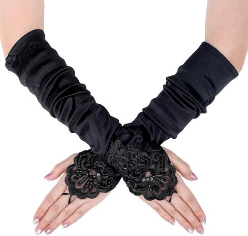 Long Black Fingerless Gloves Flappers-Gloves Black Long Gloves Opera Satin-Gloves 1920s Flapper Glove Satin Glove for Evening Party Wedding Cosplay in Saudi Arabia