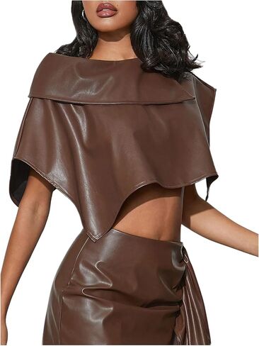 MakeMeChic Women's Faux Leather Poncho Top Asymmetrical High Mockneck Crop Tops Shrug in Saudi Arabia