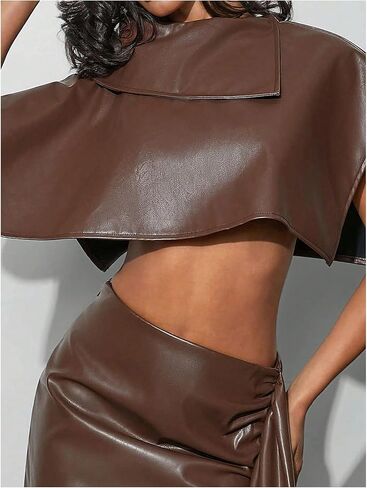 MakeMeChic Women's Faux Leather Poncho Top Asymmetrical High Mockneck Crop Tops Shrug in Saudi Arabia