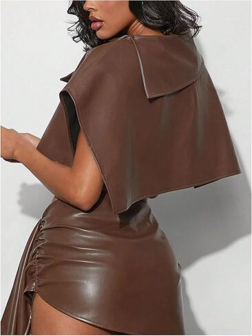 MakeMeChic Women's Faux Leather Poncho Top Asymmetrical High Mockneck Crop Tops Shrug in Saudi Arabia