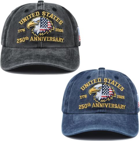 2 PCS 250th Anniversary USA Hat, United States 250 Year American Anniversary Baseball Cap 1776-2026 American Eagles Patriotic Embroidered Hats for Men Women Black in Saudi Arabia