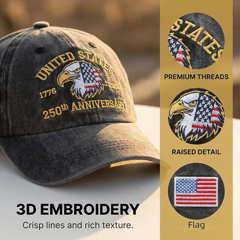 2 PCS 250th Anniversary USA Hat, United States 250 Year American Anniversary Baseball Cap 1776-2026 American Eagles Patriotic Embroidered Hats for Men Women Black in Saudi Arabia