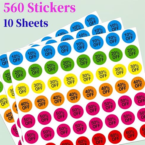 10 to 60 Percent Off Sticker, Circle Discount Sticker for Retail Store Shops, Small Circle Sale Stickers for Clearance, Yard Sales, Supermarkets, and Warehouses(7/8",560PCS) in Kuwait