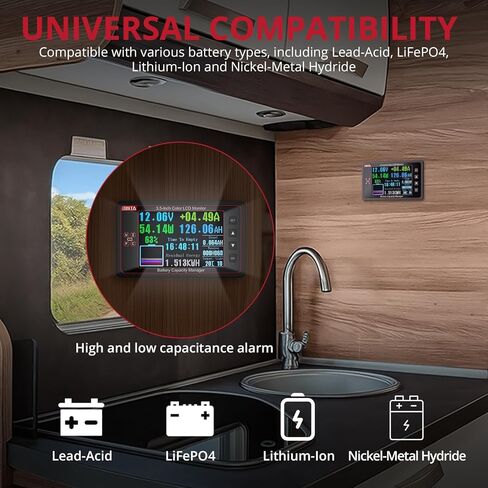 شاشة بطارية BINTA 500A مع تحويلة، شاشة ملونة 8-100 فولت 3.5 بوصة لبطاريات الليثيوم LiFePO4 المغمورة، إضاءة خلفية إنذار عالية الجهد المنخفض مع غطاء منزلق للسيارة RV Golf Cart Solar Panel Boat in Kuwait