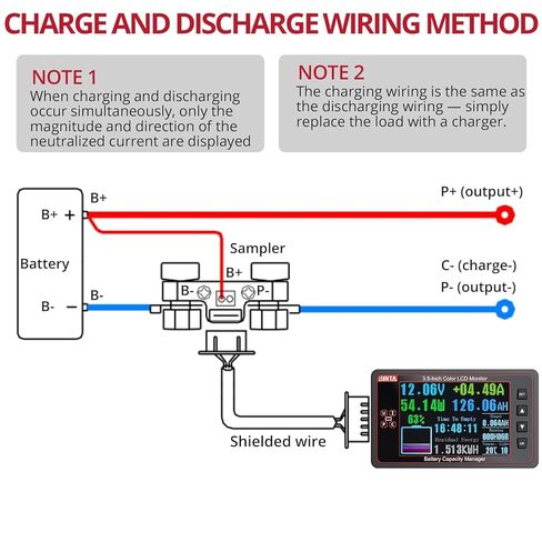 شاشة بطارية BINTA 500A مع تحويلة، شاشة ملونة 8-100 فولت 3.5 بوصة لبطاريات الليثيوم LiFePO4 المغمورة، إضاءة خلفية إنذار عالية الجهد المنخفض مع غطاء منزلق للسيارة RV Golf Cart Solar Panel Boat in Kuwait