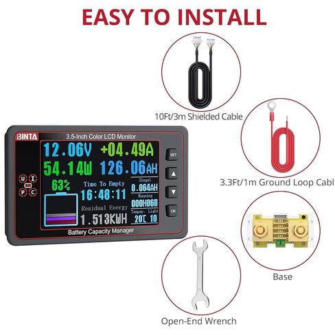 شاشة بطارية BINTA 500A مع تحويلة، شاشة ملونة 8-100 فولت 3.5 بوصة لبطاريات الليثيوم LiFePO4 المغمورة، إضاءة خلفية إنذار عالية الجهد المنخفض مع غطاء منزلق للسيارة RV Golf Cart Solar Panel Boat in Kuwait