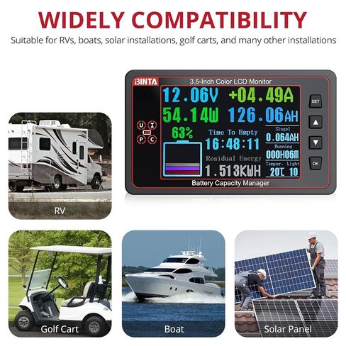 شاشة بطارية BINTA 500A مع تحويلة، شاشة ملونة 8-100 فولت 3.5 بوصة لبطاريات الليثيوم LiFePO4 المغمورة، إضاءة خلفية إنذار عالية الجهد المنخفض مع غطاء منزلق للسيارة RV Golf Cart Solar Panel Boat in Kuwait