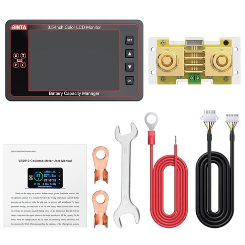 شاشة بطارية BINTA 500A مع تحويلة، شاشة ملونة 8-100 فولت 3.5 بوصة لبطاريات الليثيوم LiFePO4 المغمورة، إضاءة خلفية إنذار عالية الجهد المنخفض مع غطاء منزلق للسيارة RV Golf Cart Solar Panel Boat in Kuwait
