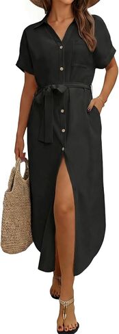 Yousify Womens Summer Swimsuit Cover Ups Short Sleeve Button Down Shirts Casual Side Slit Lapel Long Coverups Beach Outfits in Saudi Arabia