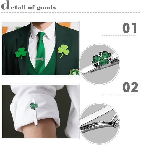 St Patricks Day Clover Tie Clip Lucky Shamrock Tie Clips Bar for Irish Ireland Party Favors Parades St.Patrick's Day Necktie Accessories Green Three Leaf Wedding Business Necktie Clips Decor in Saudi Arabia