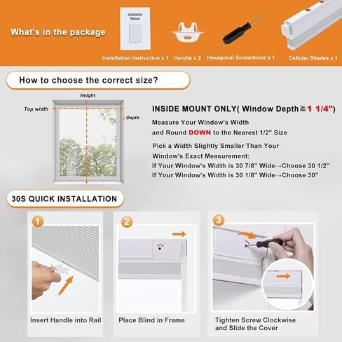 Persilux No Tools No Drill Blackout Cellular Shades for Windows Cordless Top Down Bottom Up Honeycomb Blinds,Easy to Install Cellular Blinds for Indoor Windows, White, 32.5" W x 64" H in Saudi Arabia