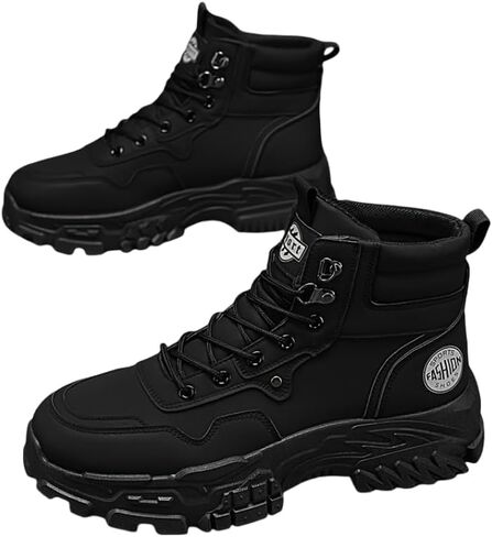 High-Top PU Leather Hiking Boots Men's Style, Street Sports Black Motorcycle Work Boots, Casual Round Toe Lace-Up Shoes, Universal Fit for Spring/Fall, All-Season in Saudi Arabia