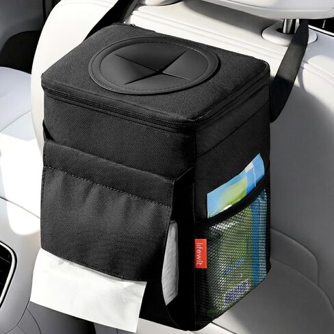 Lifewit Leak-Proof Car Trash Can with Lid, Waterproof Automotive Garbage Bin with Tissue Pocket, 2 Gallon Car Interior Accessory for Front Seat, Back Seat & Console, Black in Saudi Arabia