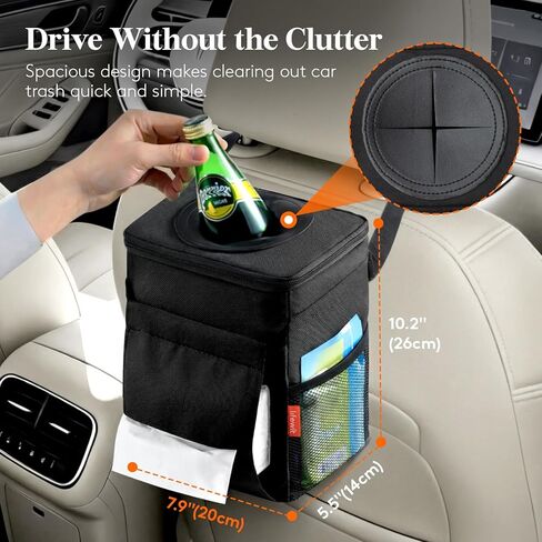 Lifewit Leak-Proof Car Trash Can with Lid, Waterproof Automotive Garbage Bin with Tissue Pocket, 2 Gallon Car Interior Accessory for Front Seat, Back Seat & Console, Black in Saudi Arabia