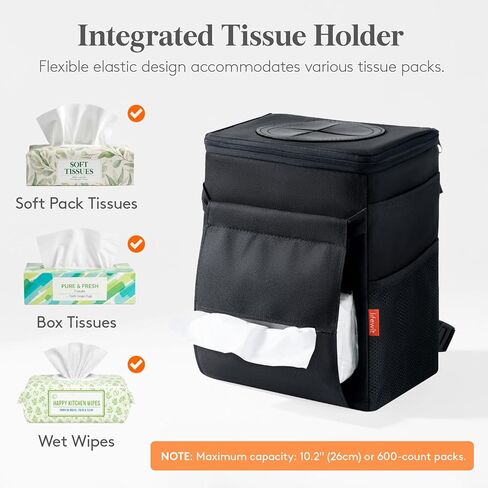 Lifewit Leak-Proof Car Trash Can with Lid, Waterproof Automotive Garbage Bin with Tissue Pocket, 2 Gallon Car Interior Accessory for Front Seat, Back Seat & Console, Black in Saudi Arabia