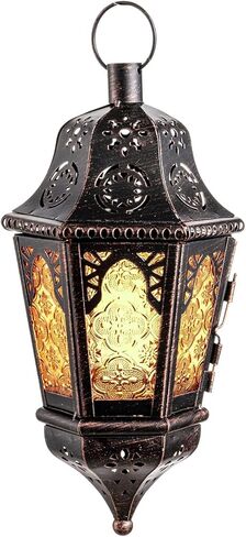 ديكورات رمضان من ديكوري، فانوس ديكور داخلي وخارجي، فانوس معلق ديكور مغربي عتيق مقاس 13.6 بوصة مع سلسلة لديكور فناء الشرفة المنزلية، حاملات شموع معدنية لعيد الميلاد (أحمر وردي) in Kuwait