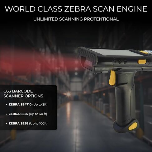 Chainway C63 قارئ باركود لاسلكي يعمل بنظام Android بقبضة مسدس 2D/1D/QR | ماسح ضوئي زيبرا 2FT، 40FT، أو 100FT | أندرويد 13 (دعم حتى 16+) | IP67 وعرة | واي فاي، إن إف سي، بي تي، جي بي إس | لمسح المخزون in Kuwait