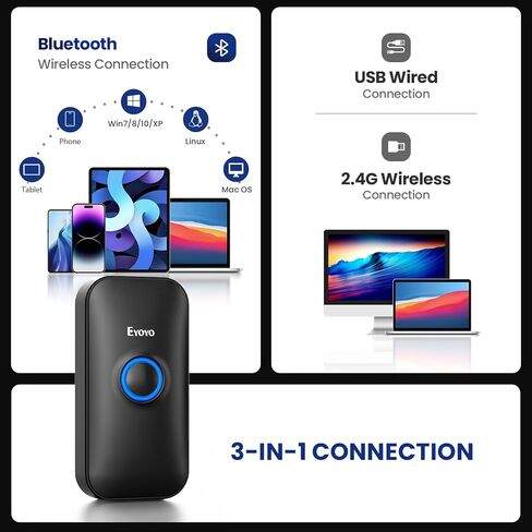 Eyoyo 1D Mini Bluetooth Barcode Scanner، 3 في 1 USB سلكي وبلوتوث و2.4G قارئ باركود لاسلكي، مسح باركود محمول يعمل مع الأجهزة اللوحية أو أجهزة الكمبيوتر، Windows، Android، iOS in Kuwait