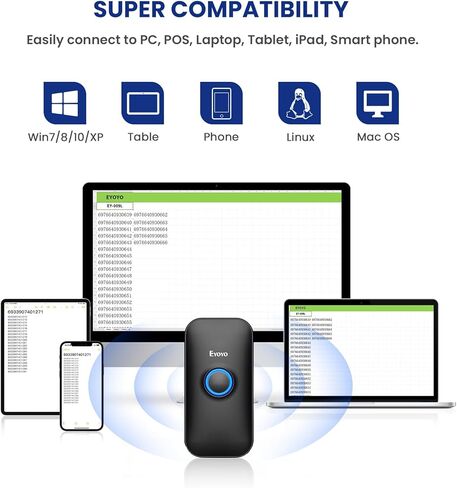 Eyoyo 1D Mini Bluetooth Barcode Scanner، 3 في 1 USB سلكي وبلوتوث و2.4G قارئ باركود لاسلكي، مسح باركود محمول يعمل مع الأجهزة اللوحية أو أجهزة الكمبيوتر، Windows، Android، iOS in Kuwait