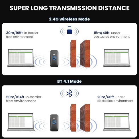 Eyoyo 1D Mini Bluetooth Barcode Scanner، 3 في 1 USB سلكي وبلوتوث و2.4G قارئ باركود لاسلكي، مسح باركود محمول يعمل مع الأجهزة اللوحية أو أجهزة الكمبيوتر، Windows، Android، iOS in Kuwait