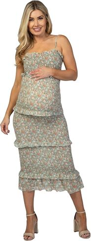 PinkBlush Floral Chiffon Smocked Fitted Maternity Midi Dress in Saudi Arabia