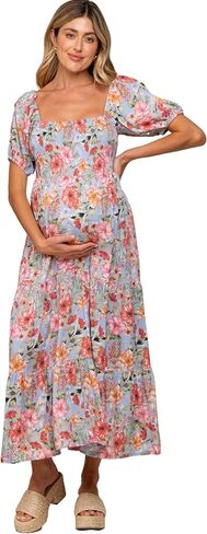 PinkBlush Floral Smocked Square Neck Tiered Maternity Maxi Dress in Saudi Arabia