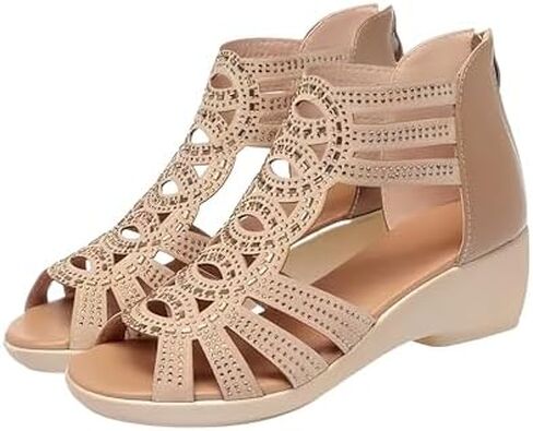Mid-Heel Breathable Wedge Sandals Chic Summer Rhinestone Wedge Sandals for Women - Open Toe, Back Zipper, Breathable Fabric, Mid-Heel in Saudi Arabia
