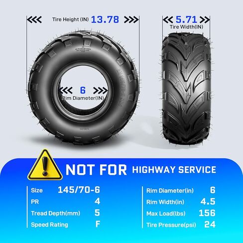 إطارات TRIBLE SIX 145/70-6 Go Kart، 4 إطارات دراجة صغيرة PR ATV Street 145/70-6 (14x6-6) لمسار الطين الرملي، اتجاهي، بدون أنبوب (عبوة من قطعتين) in Kuwait