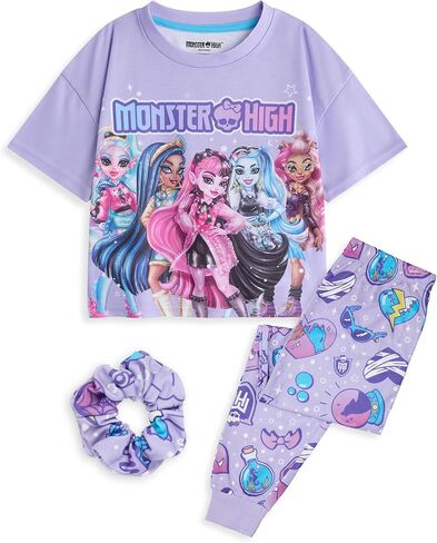 Monster High Girls 3 Piece Pajama Set | Kids Purple All Over Print Long Leg Bottoms & Night Top with Scrunchie Bobble in Saudi Arabia