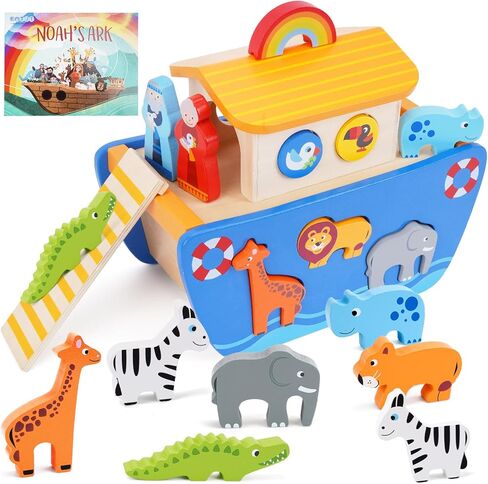 KMTJT Toddlers Wooden Noah's Ark Toy Animal Playset, Baptism Gifts for 1 2 3 Boys Girls, Shape Sorter Early Learning Montessori Toys with Bible Story Book for 12 18 24 Months Babies in Kuwait