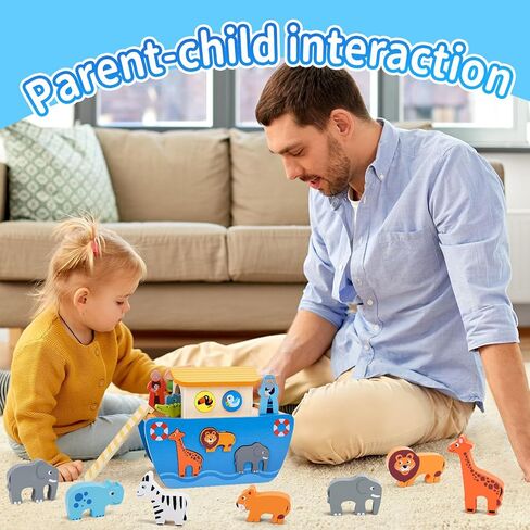 KMTJT Toddlers Wooden Noah's Ark Toy Animal Playset, Baptism Gifts for 1 2 3 Boys Girls, Shape Sorter Early Learning Montessori Toys with Bible Story Book for 12 18 24 Months Babies in Kuwait