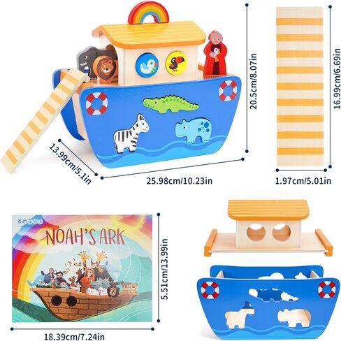 KMTJT Toddlers Wooden Noah's Ark Toy Animal Playset, Baptism Gifts for 1 2 3 Boys Girls, Shape Sorter Early Learning Montessori Toys with Bible Story Book for 12 18 24 Months Babies in Kuwait