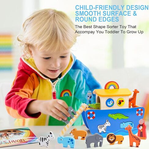 KMTJT Toddlers Wooden Noah's Ark Toy Animal Playset, Baptism Gifts for 1 2 3 Boys Girls, Shape Sorter Early Learning Montessori Toys with Bible Story Book for 12 18 24 Months Babies in Kuwait