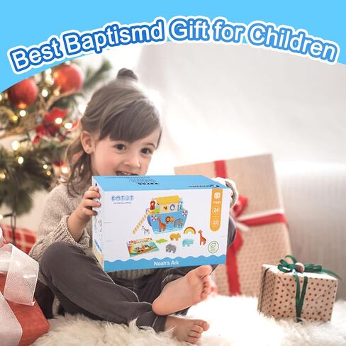 KMTJT Toddlers Wooden Noah's Ark Toy Animal Playset, Baptism Gifts for 1 2 3 Boys Girls, Shape Sorter Early Learning Montessori Toys with Bible Story Book for 12 18 24 Months Babies in Kuwait