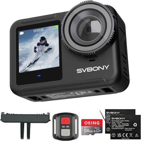 كاميرا SVBONY SVGo Action 4K 30 إطارًا في الثانية، كاميرا رياضية HDR ليلية/منخفضة الإضاءة مع حامل ثلاثي عصا سيلفي، كاميرا بعدسة مزدوجة F2.0/F1.4، تكبير 8X، EIS 6 محاور، بطارية 1850 مللي أمبير في الساعة، شاشة IPS مزدوجة للسفر، مدونة فيديو in Kuwait