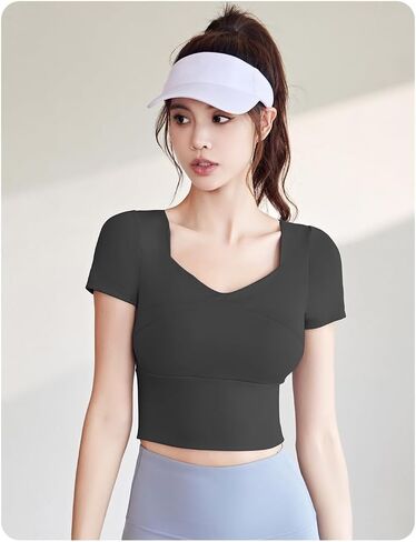 Women's Square Black Neck Short Sleeve Workout Crop Top,Seamless Yoga Shirt,Stretch Activewear for Gym, Pilates and Lounge,Large in Saudi Arabia