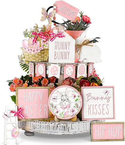 Bucherry 15 Pcs Easter Tiered Tray Decor Set Pink Happy Easter Wooden Tiered Tray Decorations Bunny Egg Flower Table Signs Rustic Tabletop Centerpiece for Spring Party Shelf Office Home Decor in Saudi Arabia